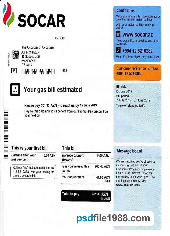 Azerbaijan Socar Gas Utility Bill